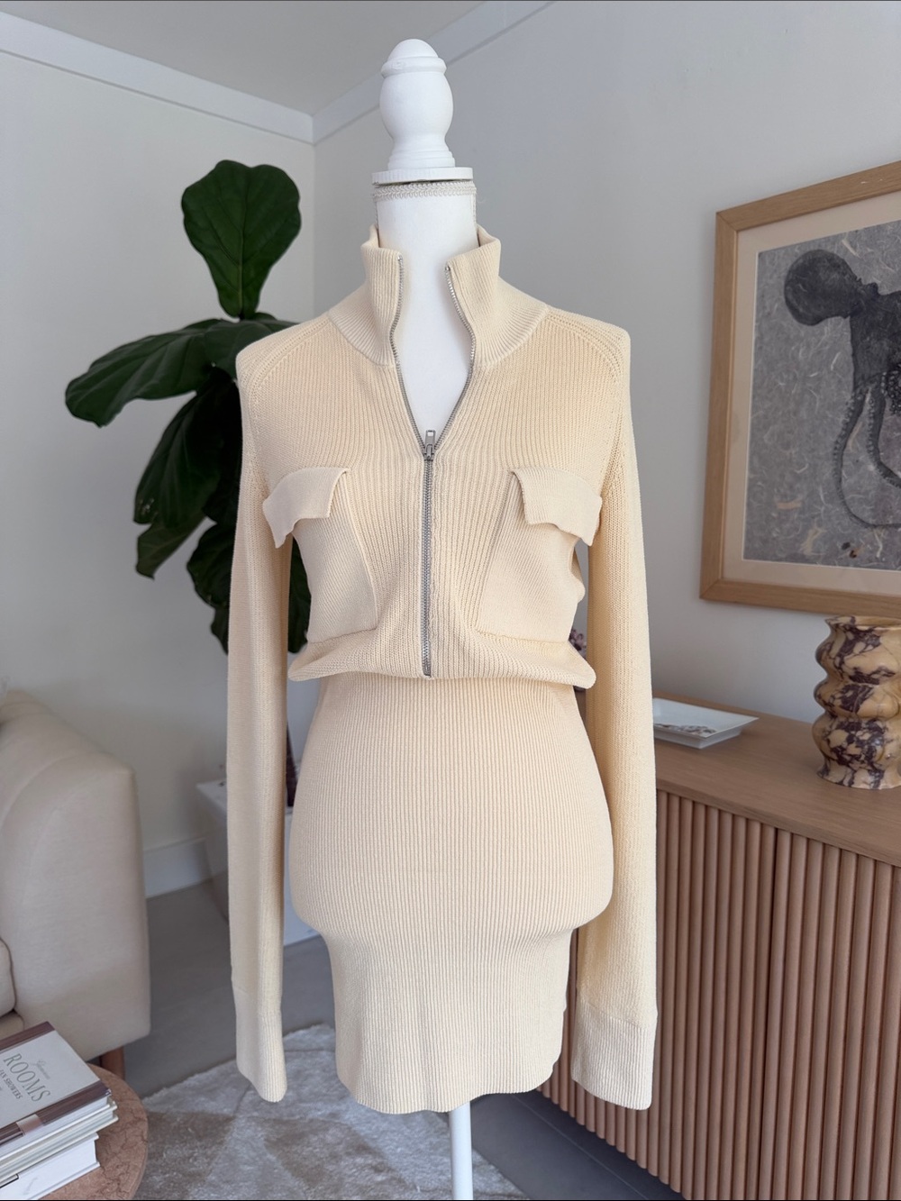 Aya Muse Cream Ribbed Zip Skirt Set